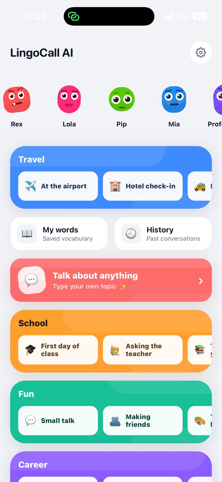 LingoCall AI home screen with characters and topics