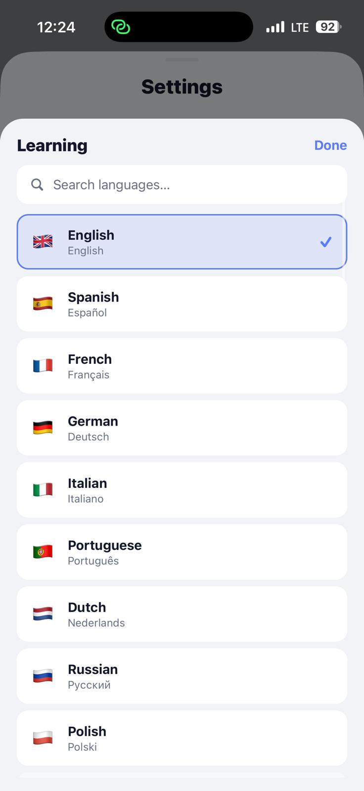 Language selection screen in LingoCall AI